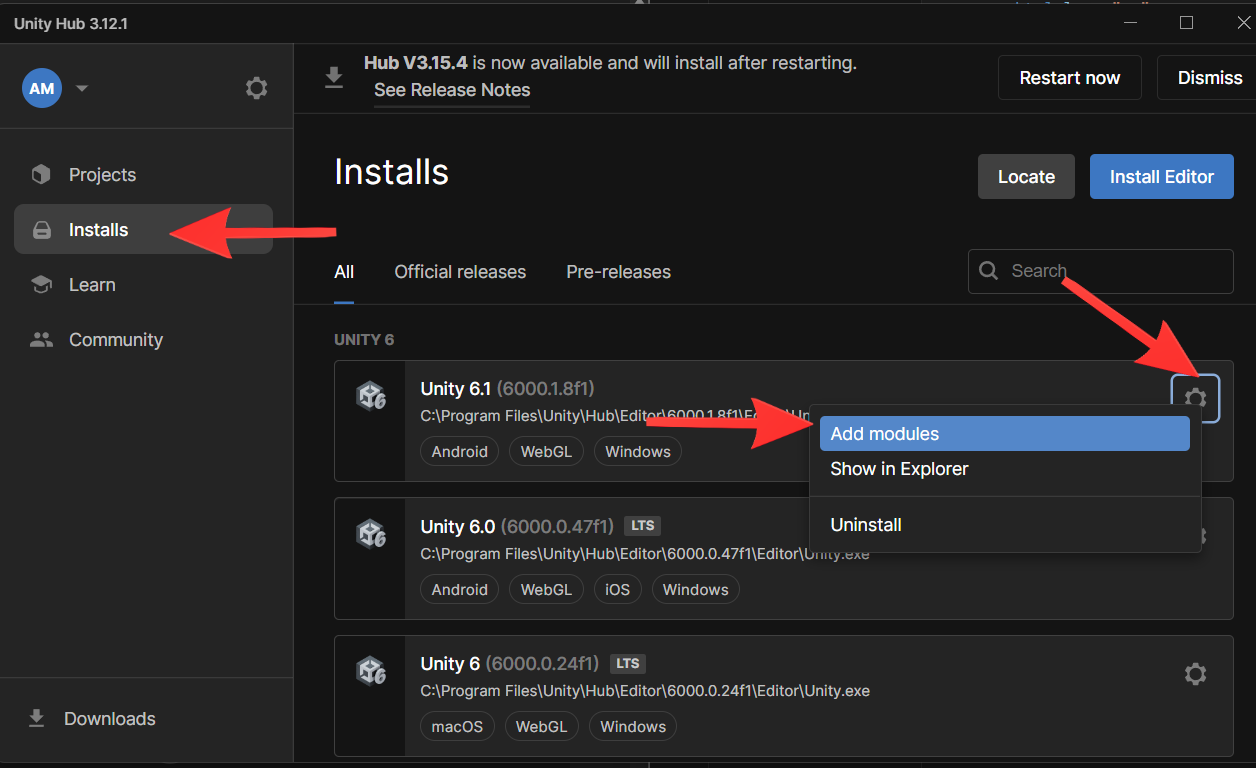 Unity Hub Add module