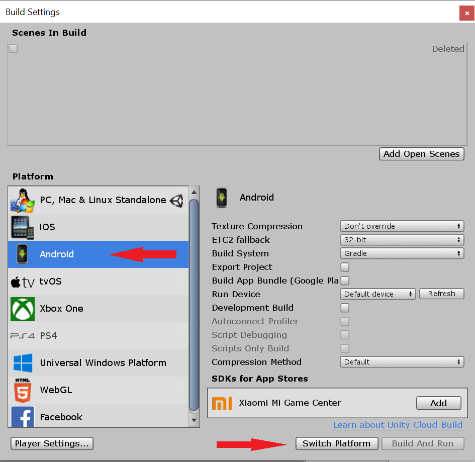 ARCore Build Settings