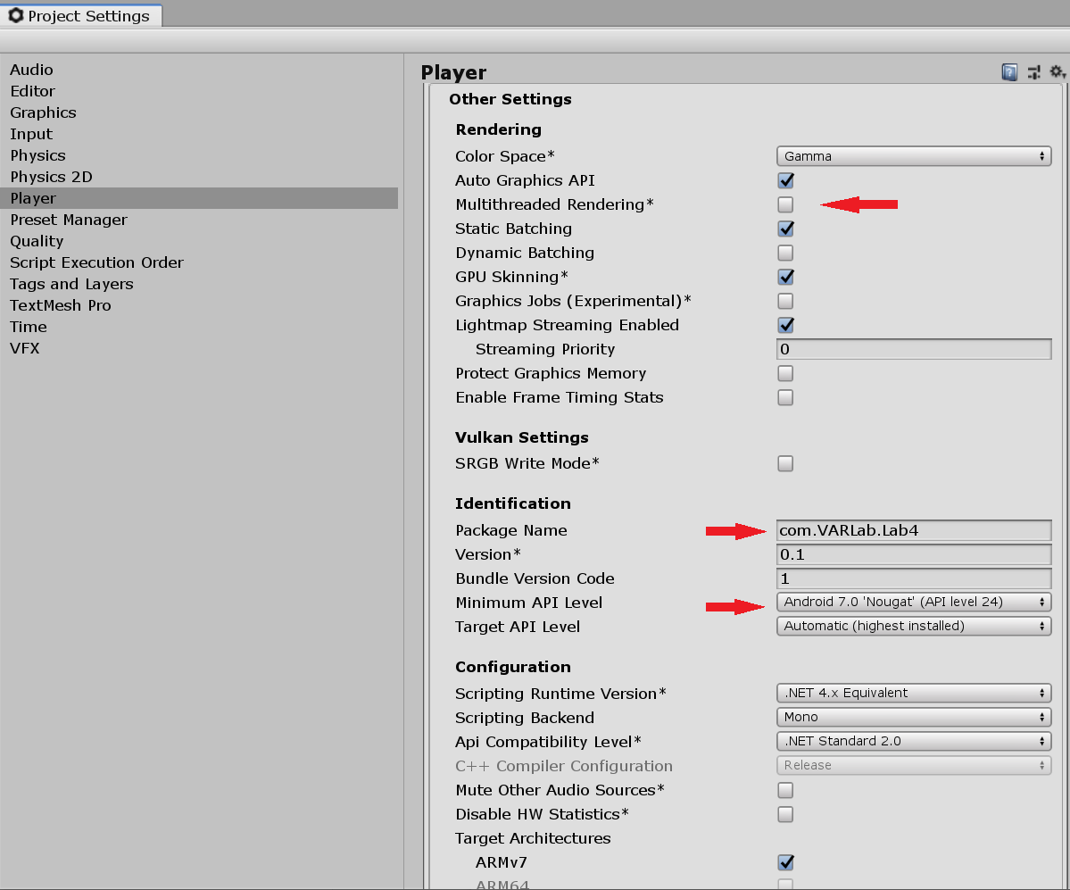 ARCore Player Settings