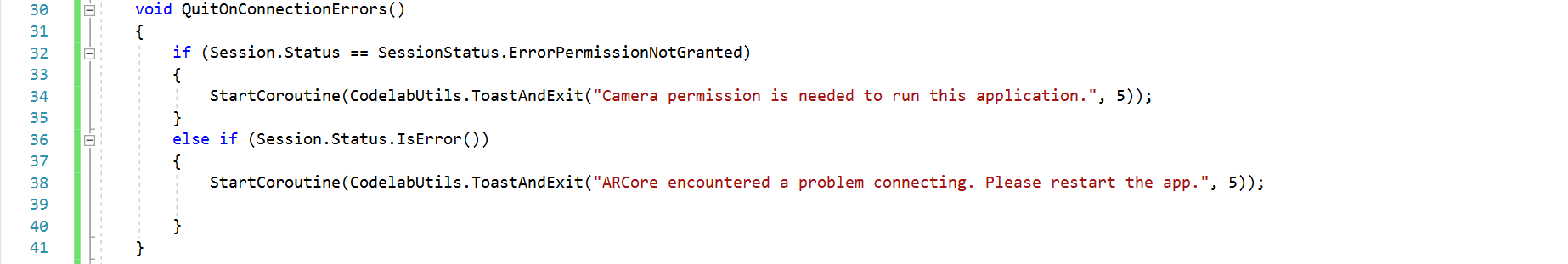 ARCore QuitOnConnectionErrors