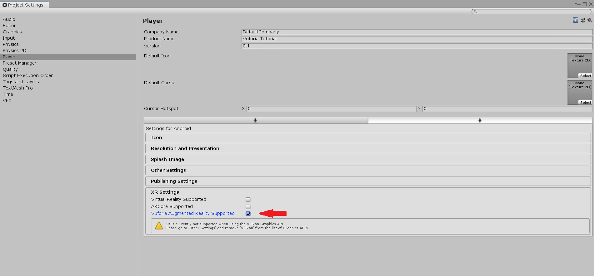 Vuforia Player Settings